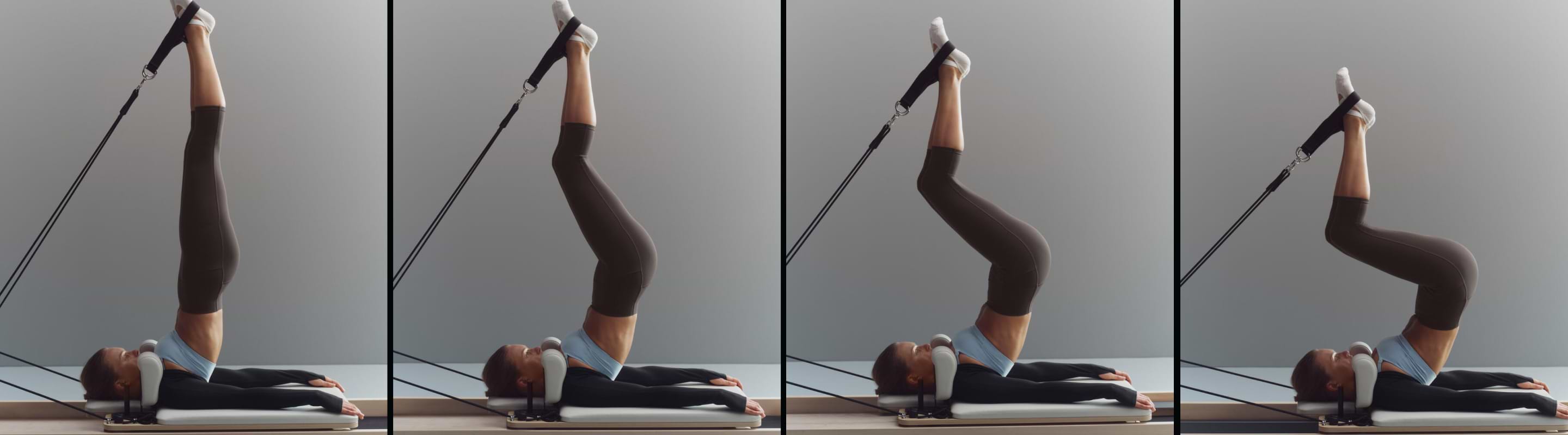 Four-panel sequence of a person on a Pilates reformer, lying on their back with feet in straps, lifting the hips and moving the legs from vertical to bent toward the chest.