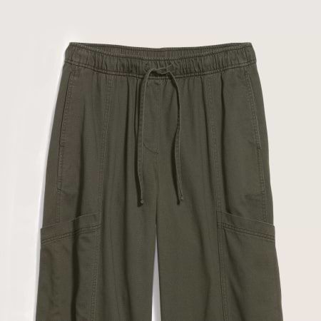 Olive green drawstring cargo pants with elastic waistband and side cargo pockets.
