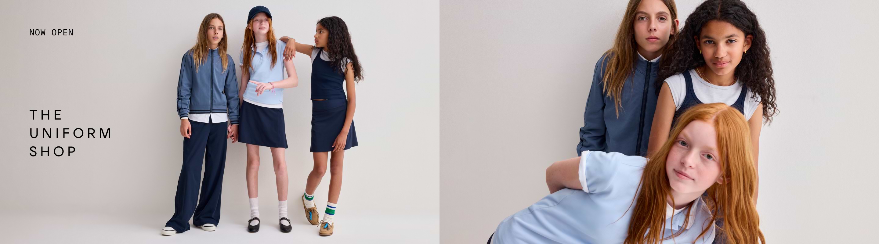 Girls in navy and light‑blue school uniforms posing in a studio; text reads “Now Open — The Uniform Shop.”