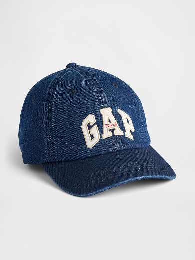 Dark blue denim baseball cap with GAP logo and curved brim.