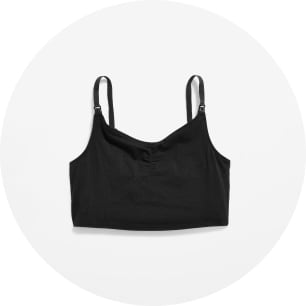 Black bralette with thin straps; caption reads “Bras & Underwear.”