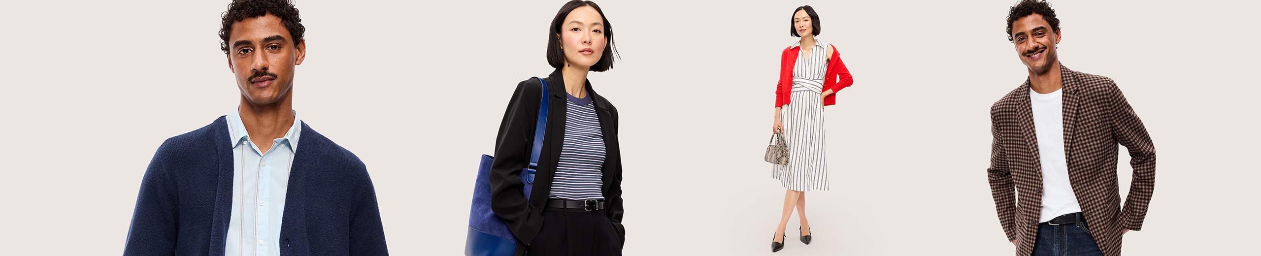 Four models on a light background showcasing outfits: navy cardigan over a light shirt; black blazer with striped top and blue tote; white striped dress with red cardigan; brown check blazer with white tee and jeans.