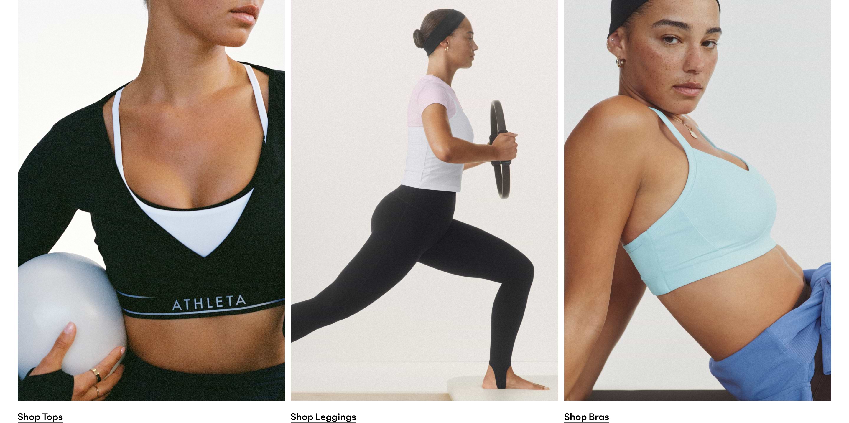 Three-panel image of people in activewear: left, black top over white sports bra holding a ball; center, lunge with a Pilates ring in black leggings; right, light blue sports bra.