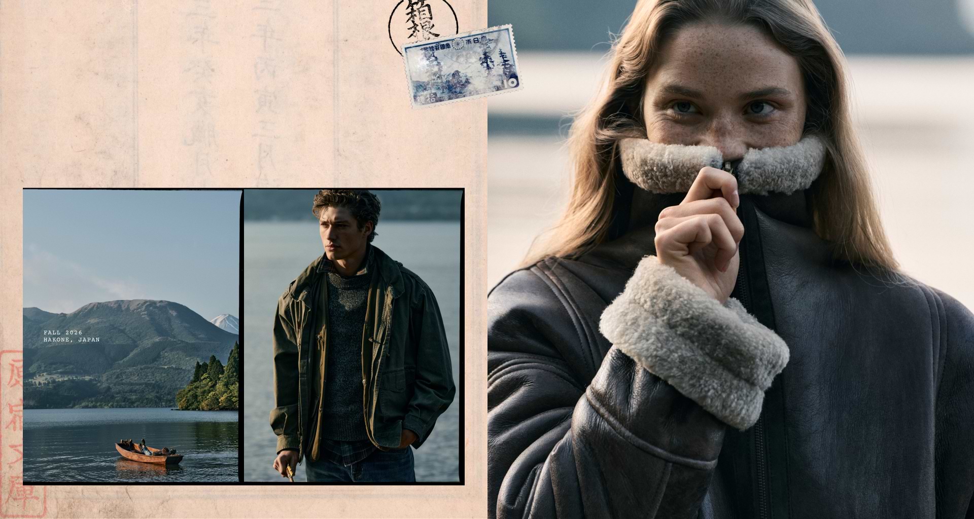 Collage: close-up of a woman pulling up the shearling collar of a leather jacket; beside her, a lake and mountain scene with a small boat and a man in layered fall clothing. Text reads “Fall 2026, Hakone, Japan.”