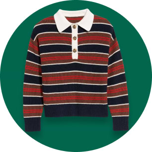 Navy, red, and white striped knit polo sweater with a white collar and buttons.