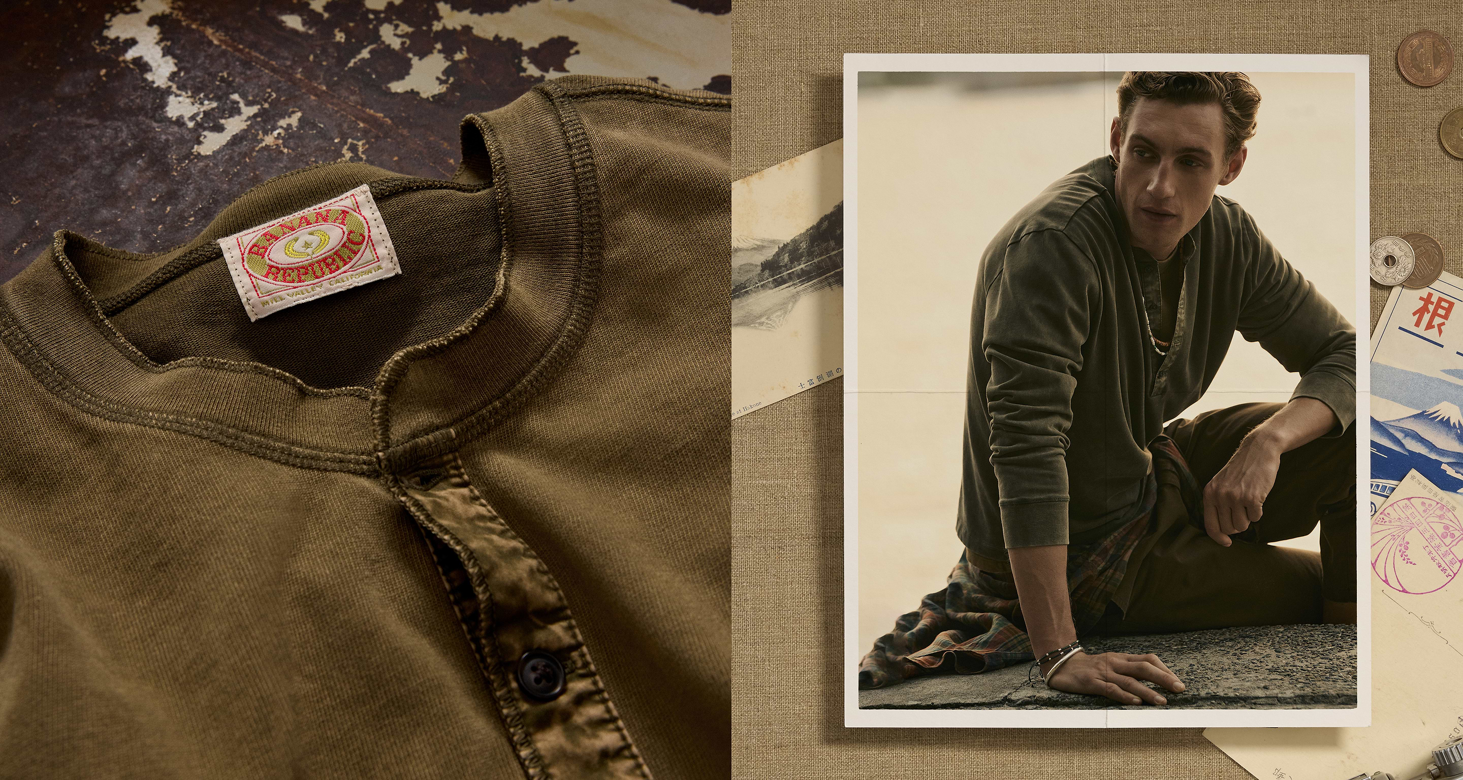 Olive green henley close-up with Banana Republic label; beside it, a model wears the same shirt, seated casually.