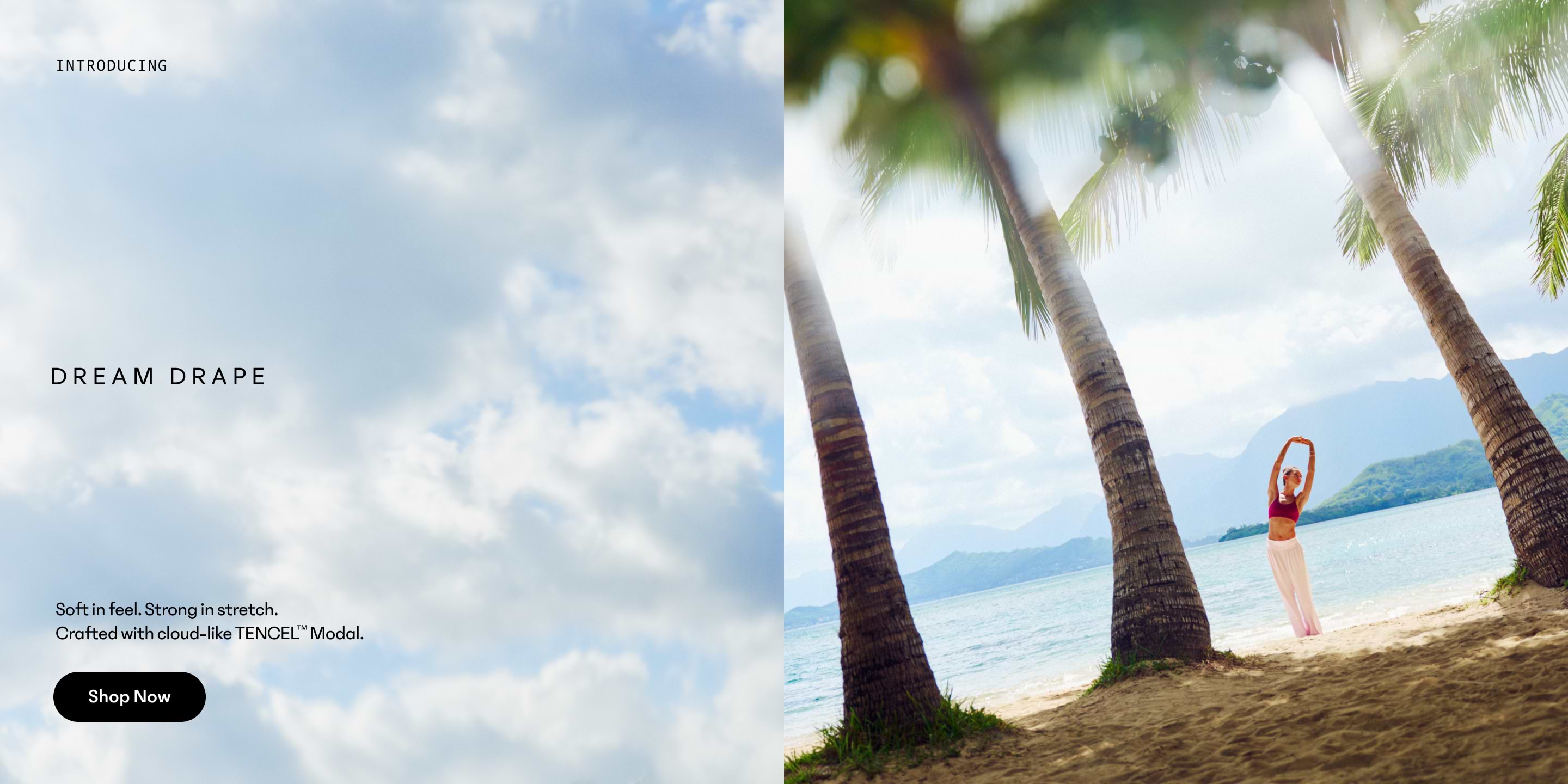 Promo banner for “Dream Drape”: cloudy sky background and a person stretching on a tropical beach framed by palm trees.
