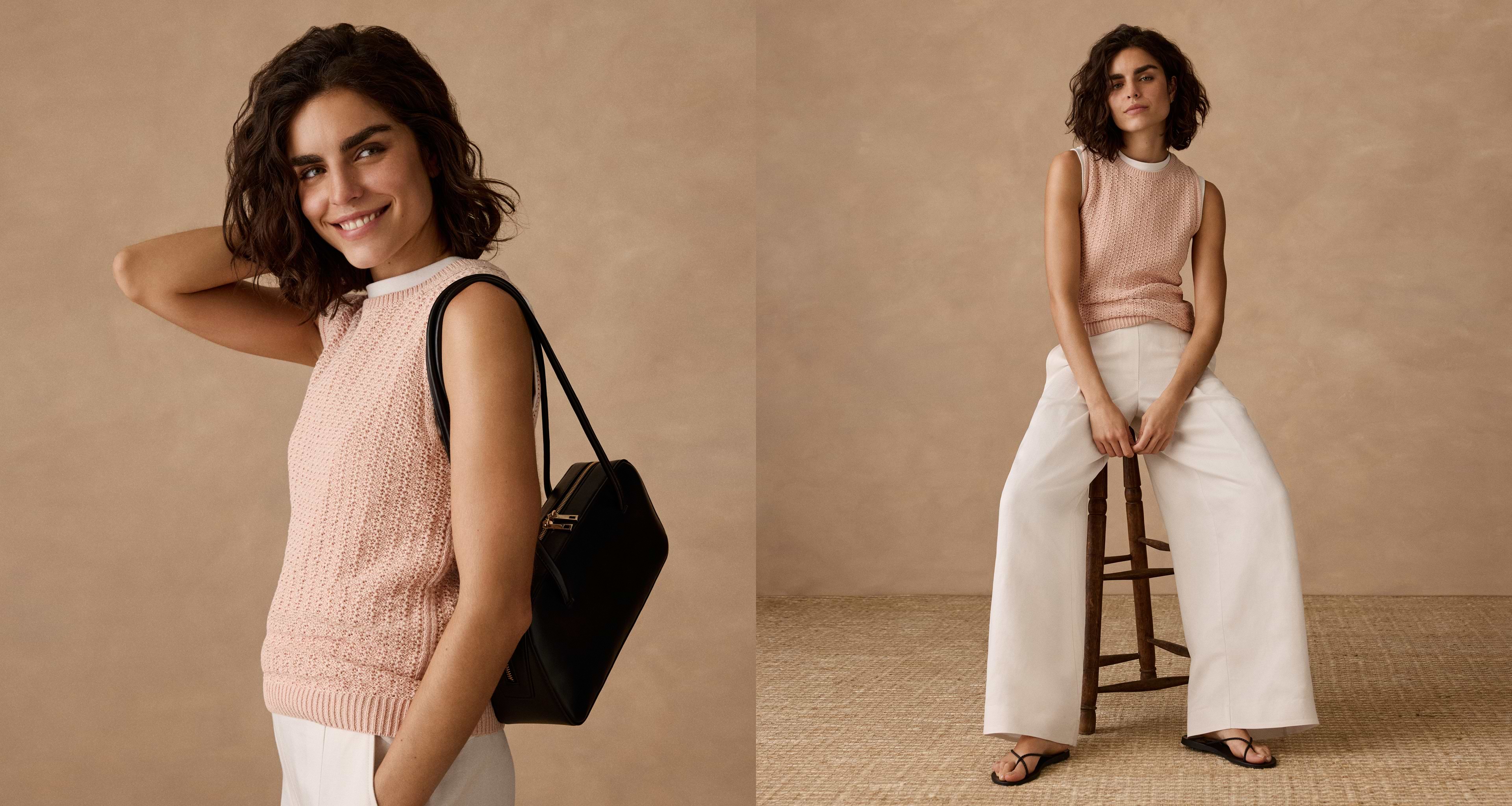 Woman in pink tank and white pants.