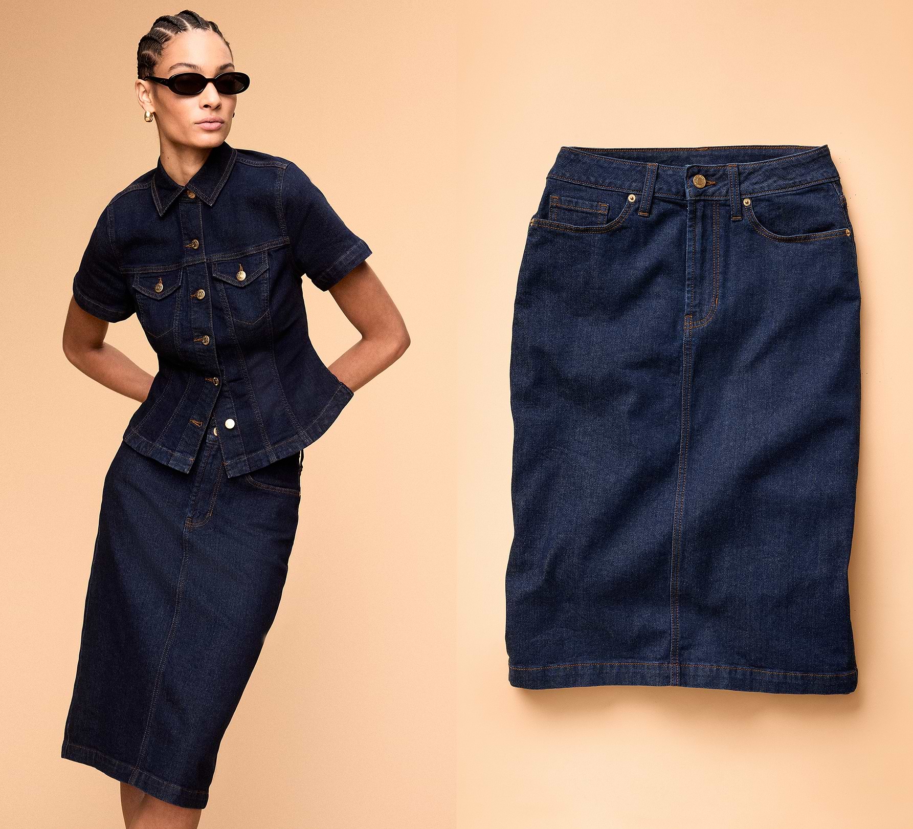 Dark blue denim set: short-sleeve buttoned jacket with matching knee-length skirt. Left shows the outfit on a model; right shows the skirt laid flat on a beige background.