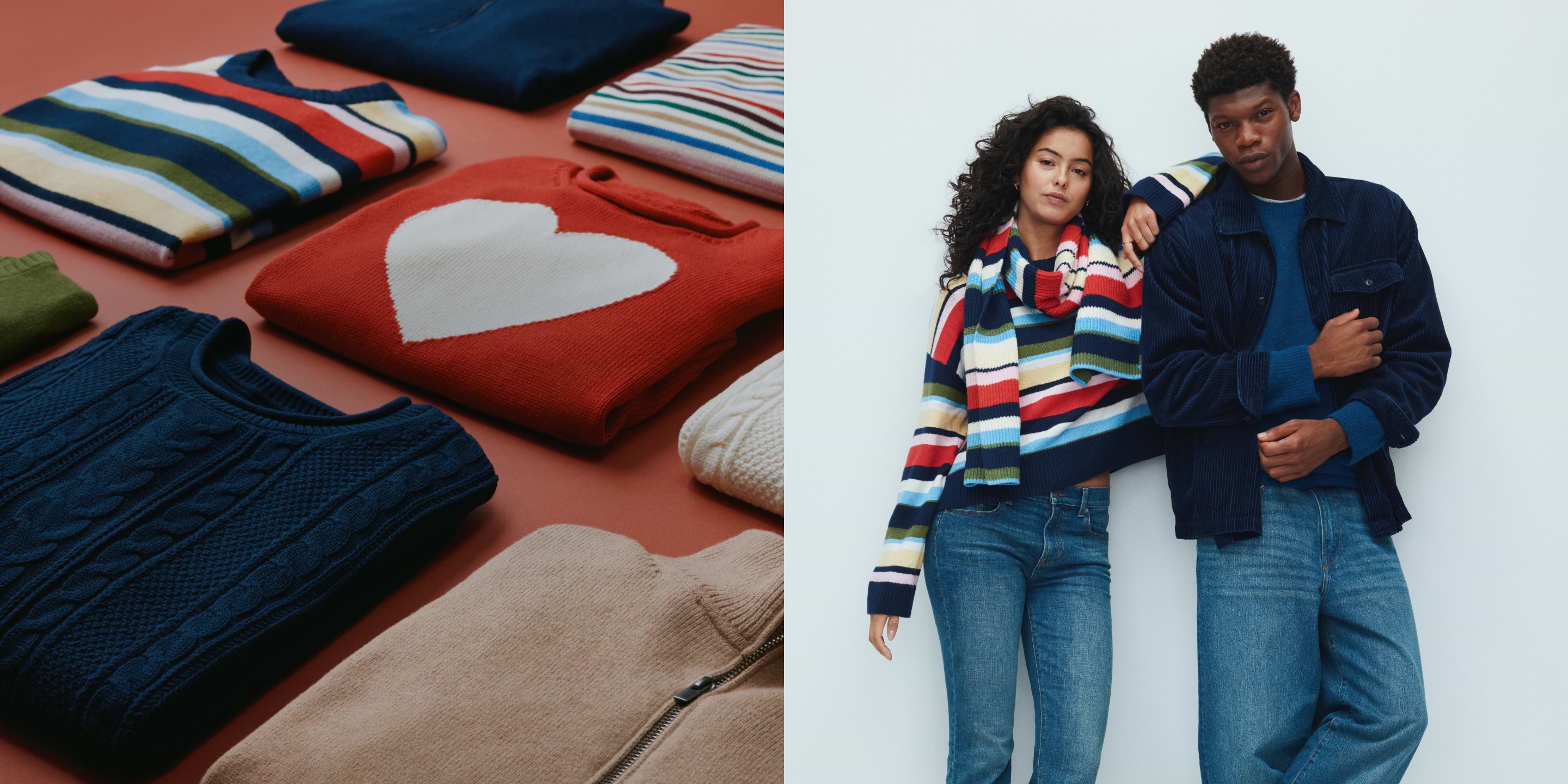 a man and woman standing next to a wall of sweaters