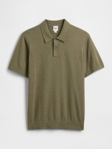 Olive green short-sleeve knit polo with a collar and two-button placket.
