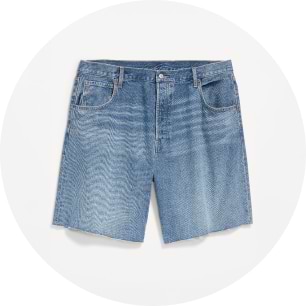 Light-wash denim shorts with five pockets and a zipper fly.
