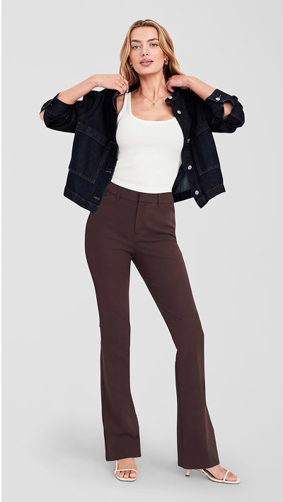 Female model wearing high waisted pixie flare pants.