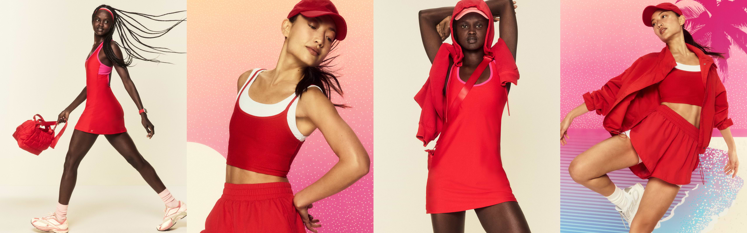 Multiple female models dressed in the newest red Old Navy activewear.