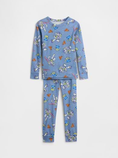 Blue kids’ long-sleeve pajama set with all-over Buzz Lightyear print.