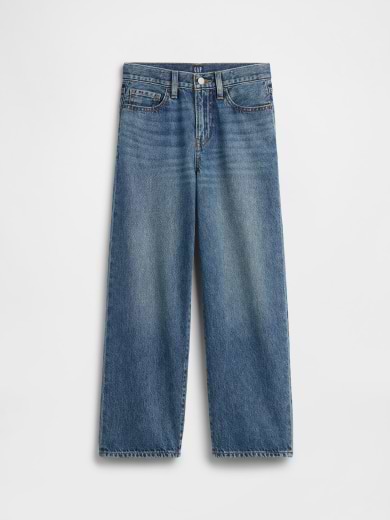 Medium-wash blue jeans with a wide straight leg and five-pocket design.