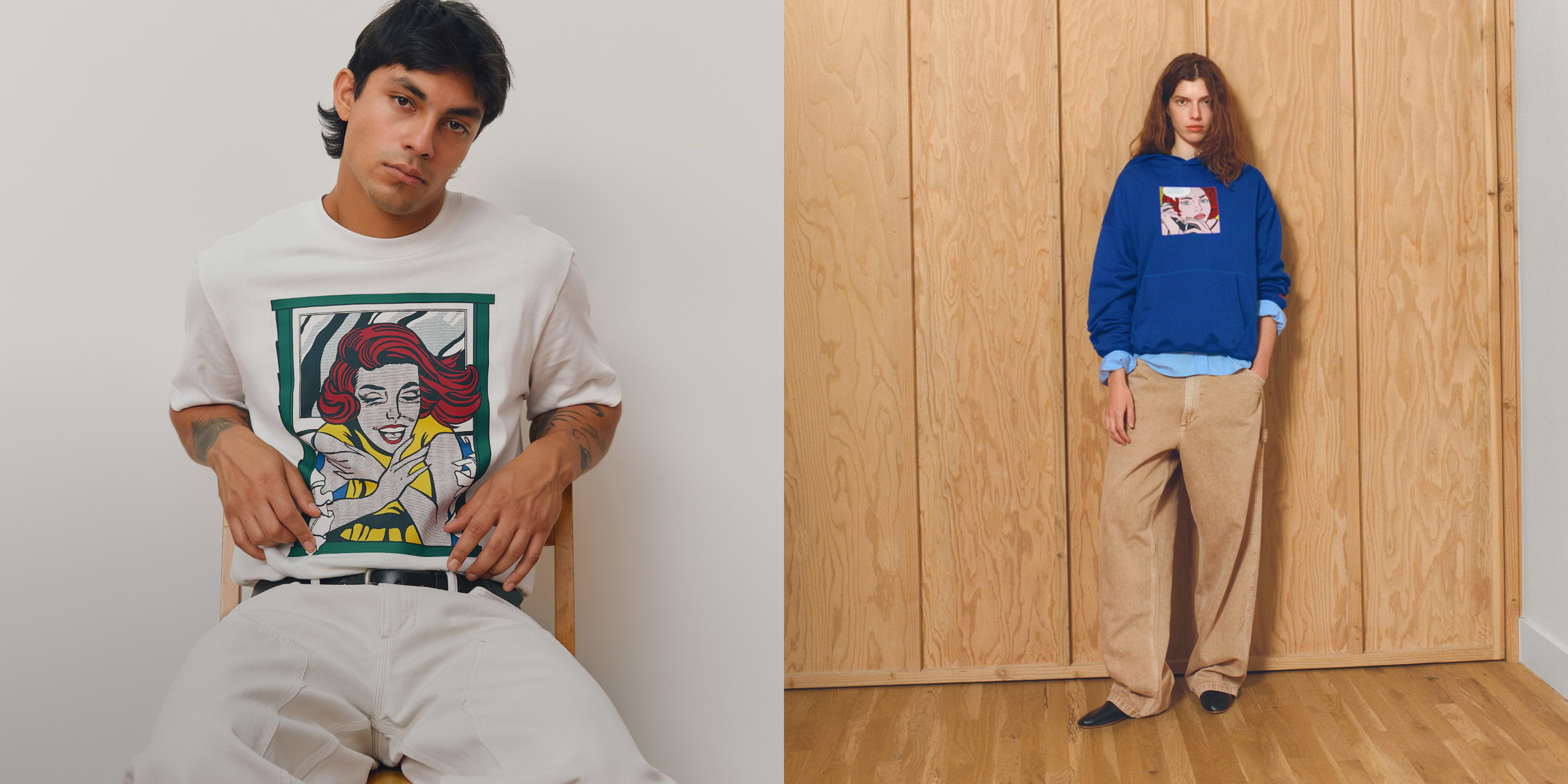 two people in different outfits posing for a photo shoot