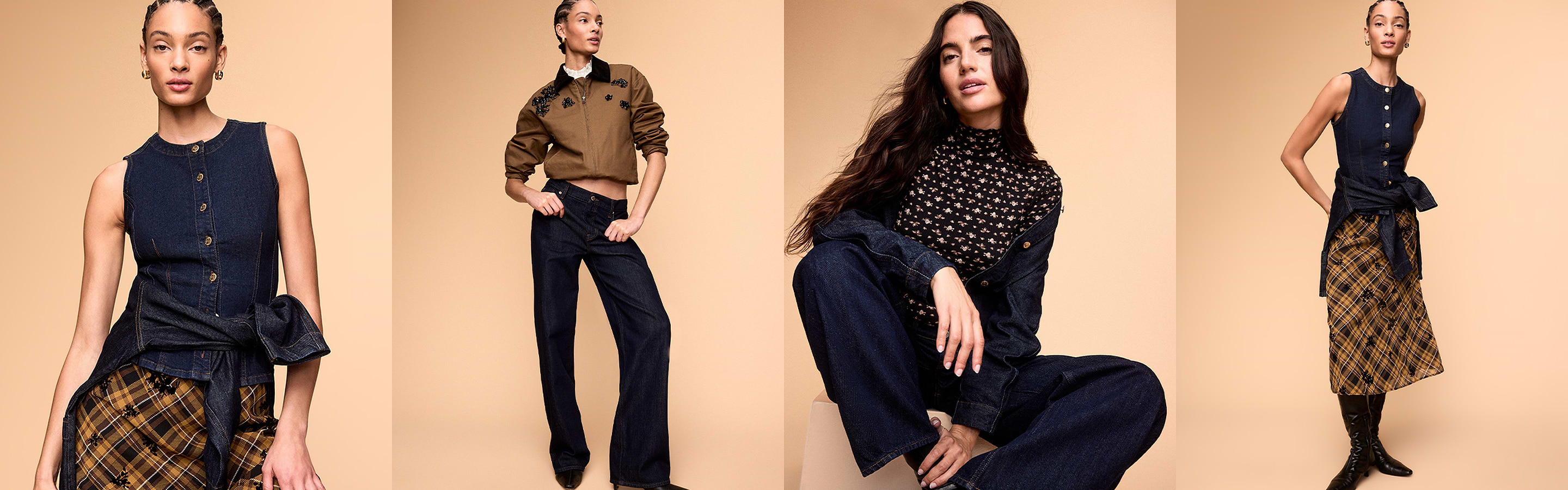 Four fashion looks against a tan backdrop: dark denim vest with plaid skirt; tan embellished bomber with wide‑leg jeans; floral turtleneck with denim; and denim vest with plaid midi skirt and boots.