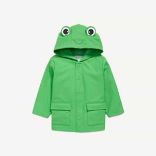 Bright green kids’ raincoat with a frog-face hood and two front pockets.