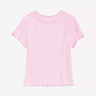Light pink ribbed short-sleeve T-shirt with crew neck and scalloped edges.