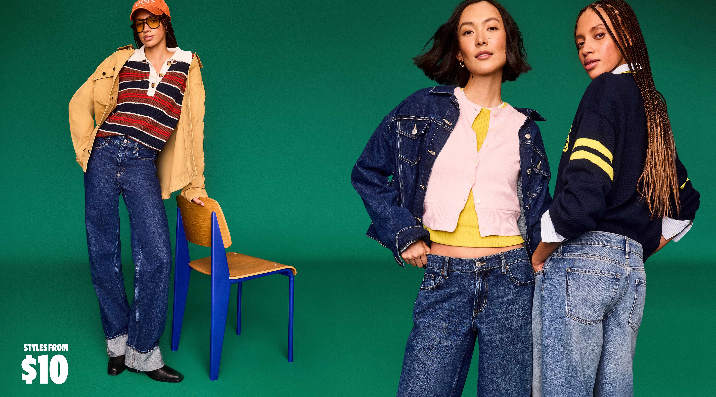 Three models in blue jeans and layered sweaters/jackets pose against a green background; one leans on a wooden chair. On-screen text reads “Styles from $10.”