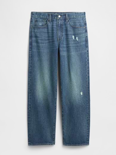 Mid-blue straight-leg jeans with five pockets, light thigh fading, and small distressed patches.