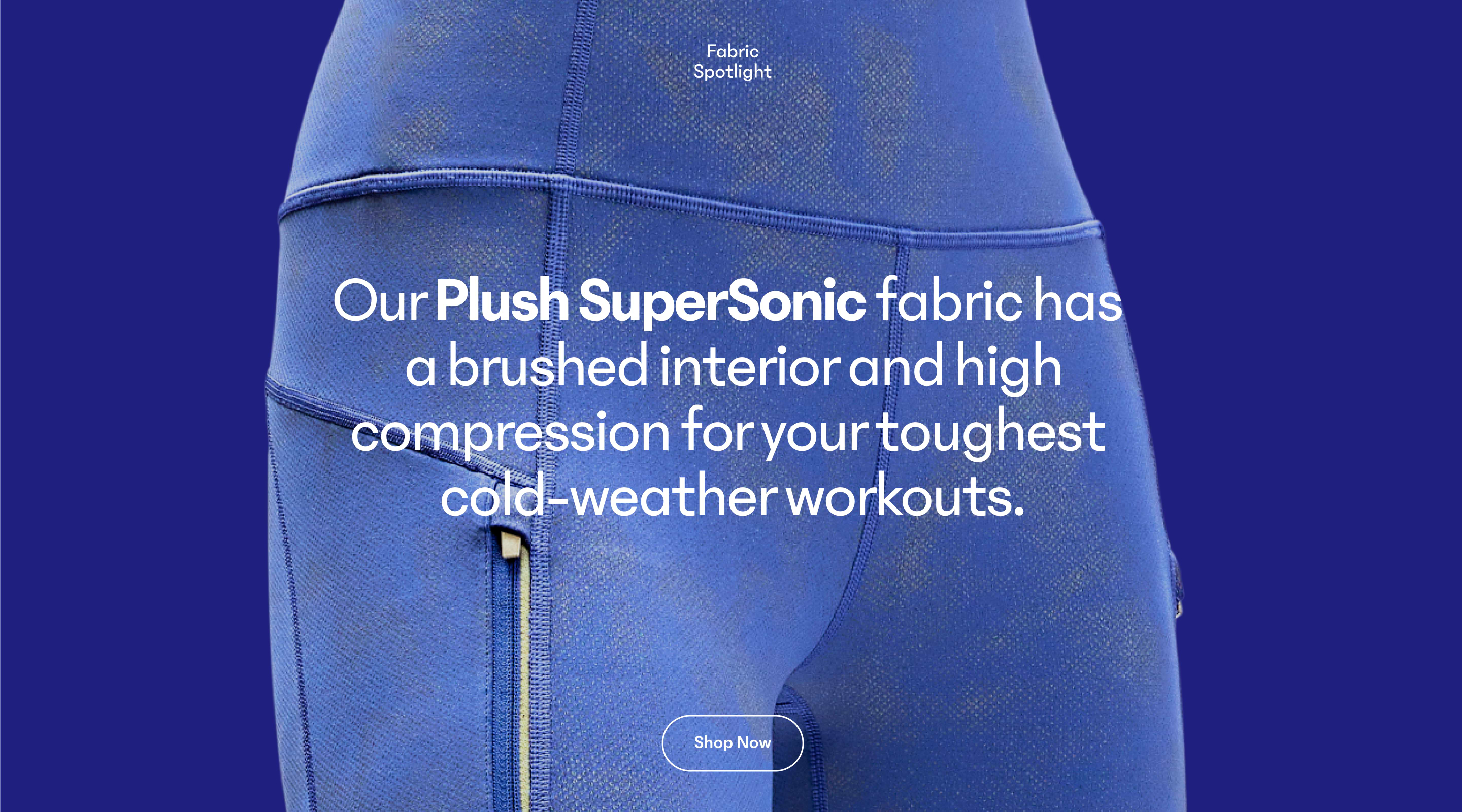Close-up of blue leggings showcasing Plush SuperSonic fabric—brushed interior, high compression for cold-weather workouts.