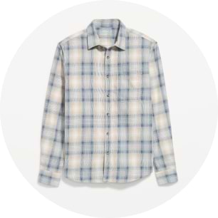 Chemise boutonnée à manches longues à carreaux bleu pâle et beige.
