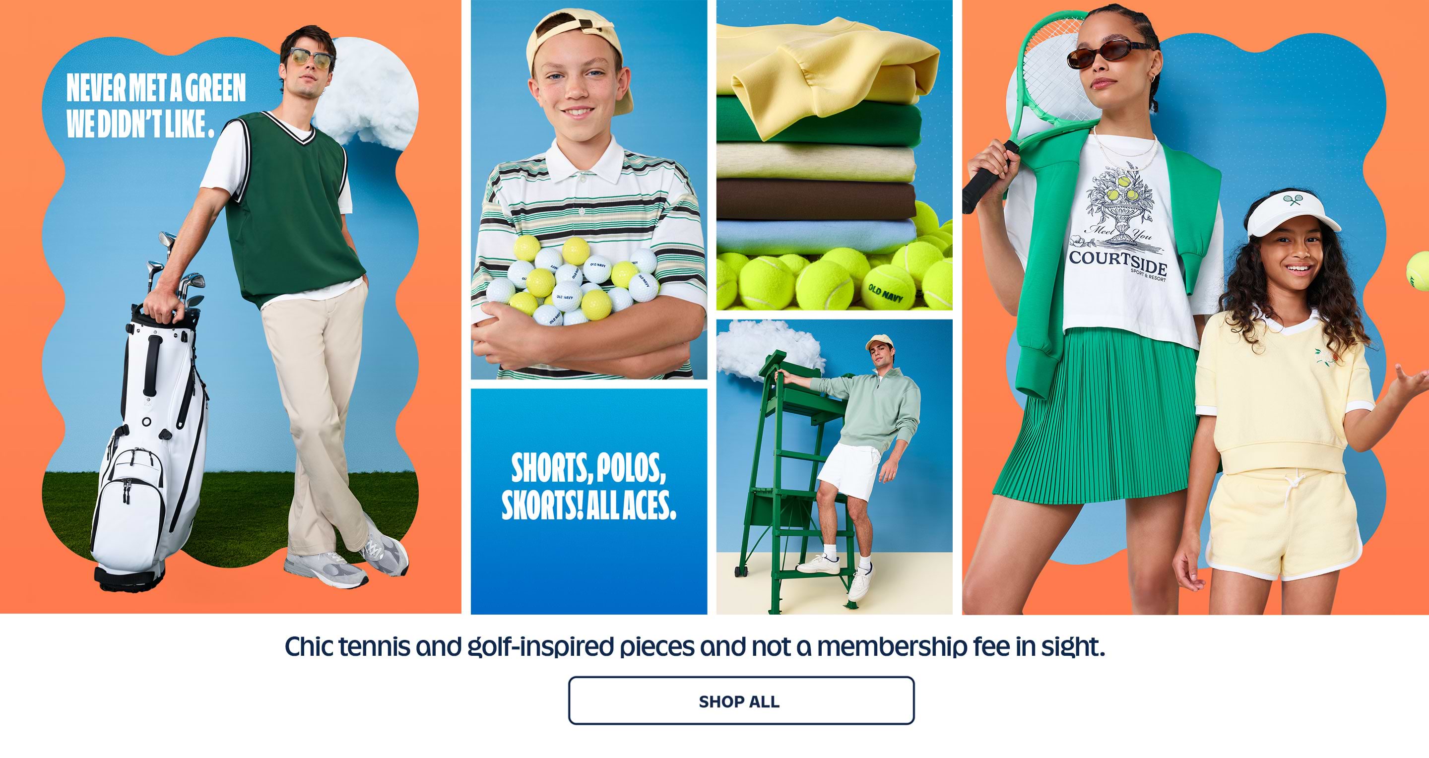 Alt text: Collage ad of tennis- and golf-inspired outfits in green and yellow; models with racket, balls, and a golf bag. Text reads “Never met a green we didn’t like” and “Shorts, polos, skorts! All aces.” Button: “Shop all.”