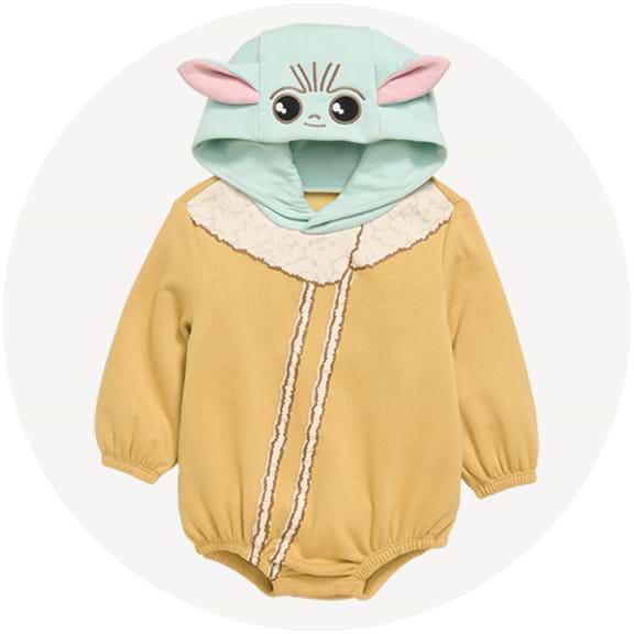 Infant hooded romper styled like Grogu (Baby Yoda): mustard body, mint hood with ears and face.