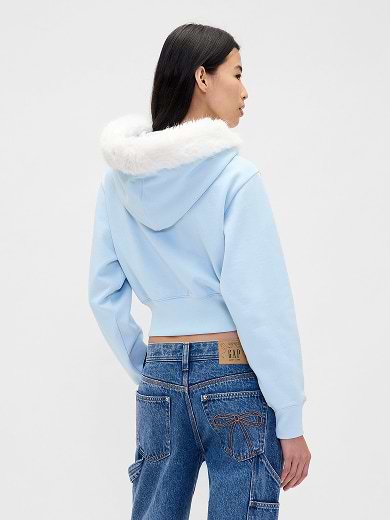 Vegan Fur-Trim Crop 
Zip Hoodie alt