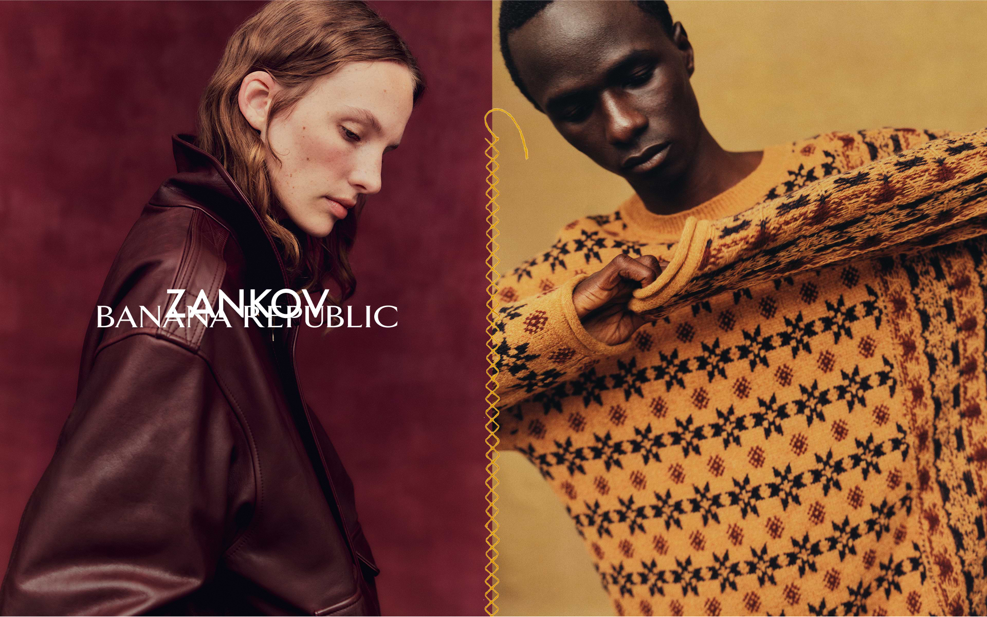 Split fashion ad: left, a person in a burgundy leather jacket against a maroon backdrop; right, a person adjusts a mustard Fair Isle sweater on a tan background; overlaid text reads “ZANKOV BANANA REPUBLIC.”