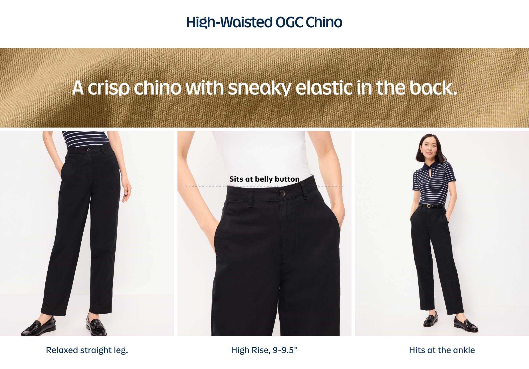 High‑waisted black chinos on a model—high rise at the belly button, relaxed straight leg, ankle length, with hidden elastic in the back.