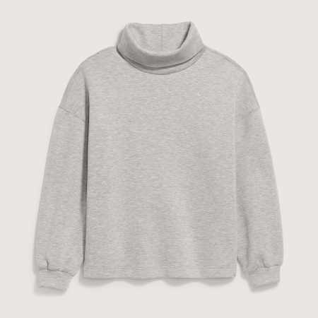 Heather gray long-sleeve pullover with a wide turtleneck and elastic cuffs.