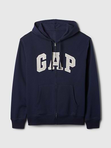 Navy zip-up hoodie with hood, two front pockets, and “GAP” lettering across the chest.