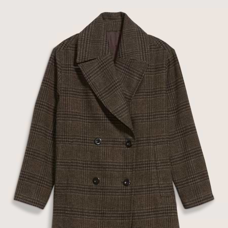 Brown plaid double-breasted coat with wide notch lapels.
