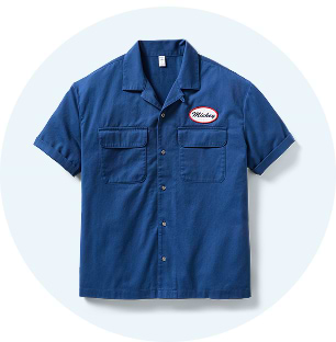 Blue short sleeve button down shirt.