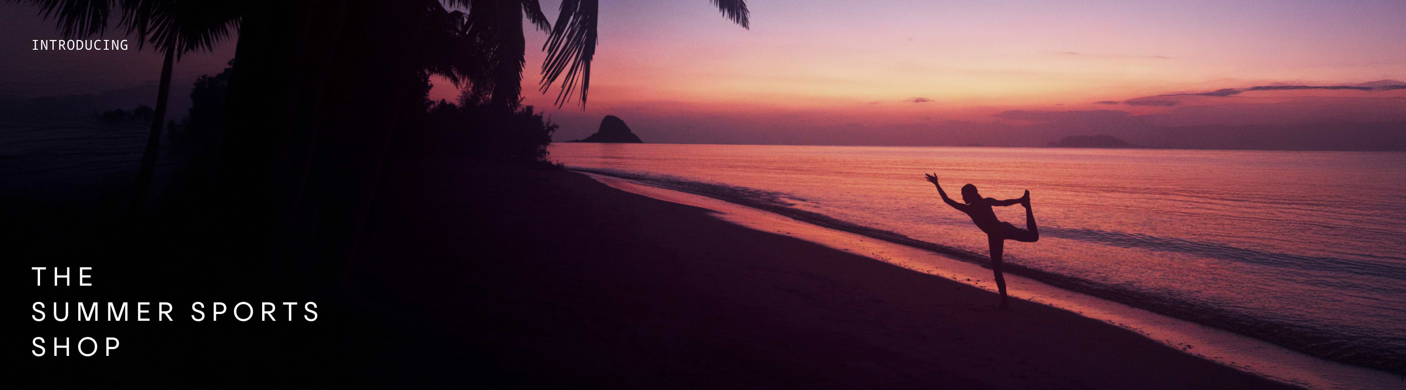 Sunset beach with palm trees and a person stretching by the water; banner for The Summer Sports Shop.