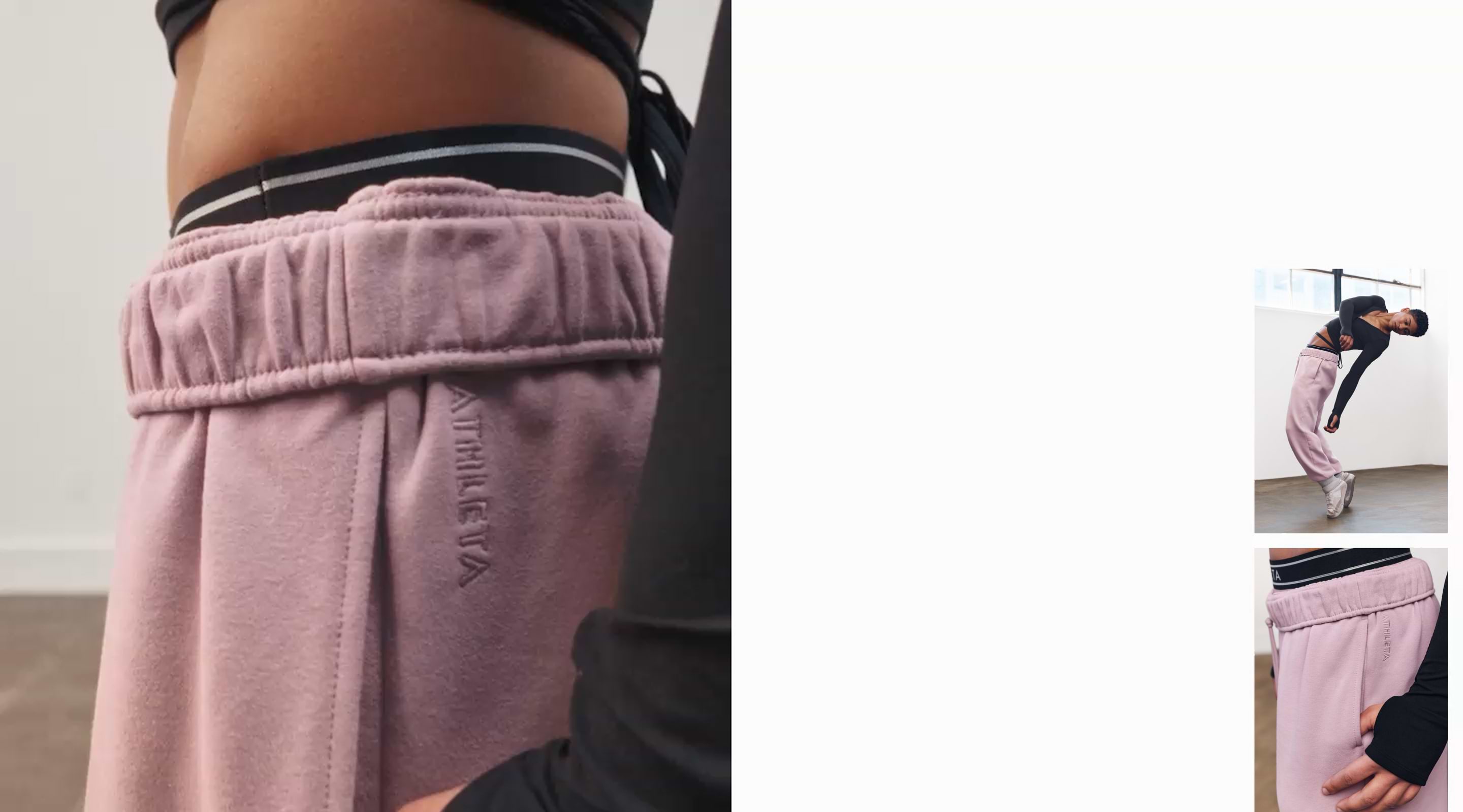 Gray wide‑leg sweatpants with elastic drawstring waistband, shown close‑up and worn.