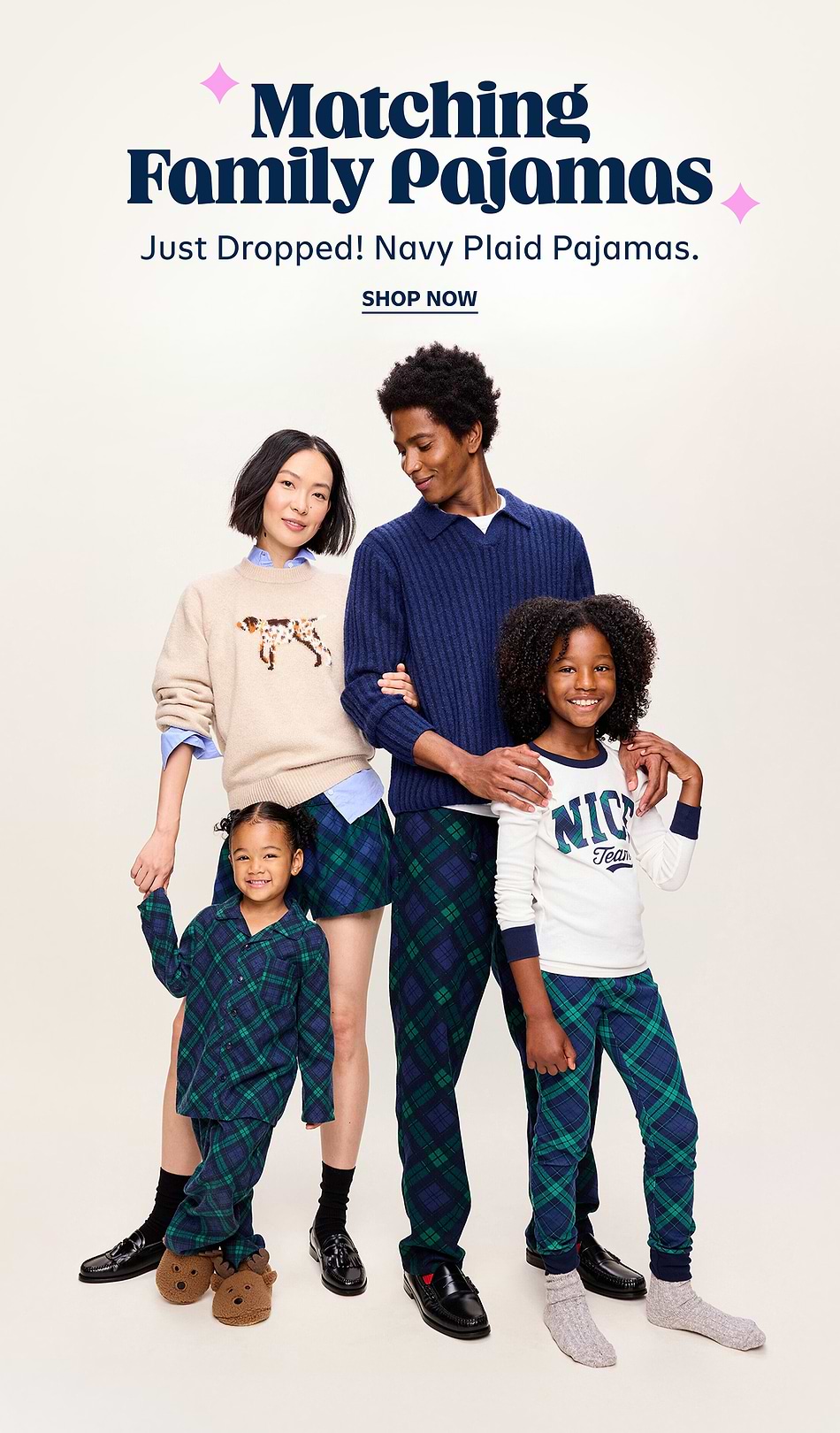Family of four wearing matching navy-and-green plaid pajamas; headline reads “Matching Family Pajamas—Just Dropped! Navy Plaid Pajamas. Shop Now.”