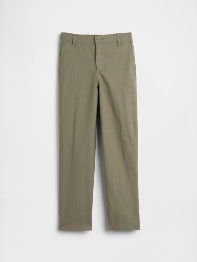 Olive green straight‑leg chinos with button closure, belt loops, and front pockets.