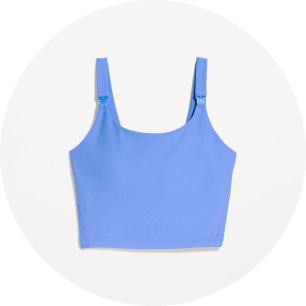 Light blue cropped tank top with square neckline and adjustable clip straps.