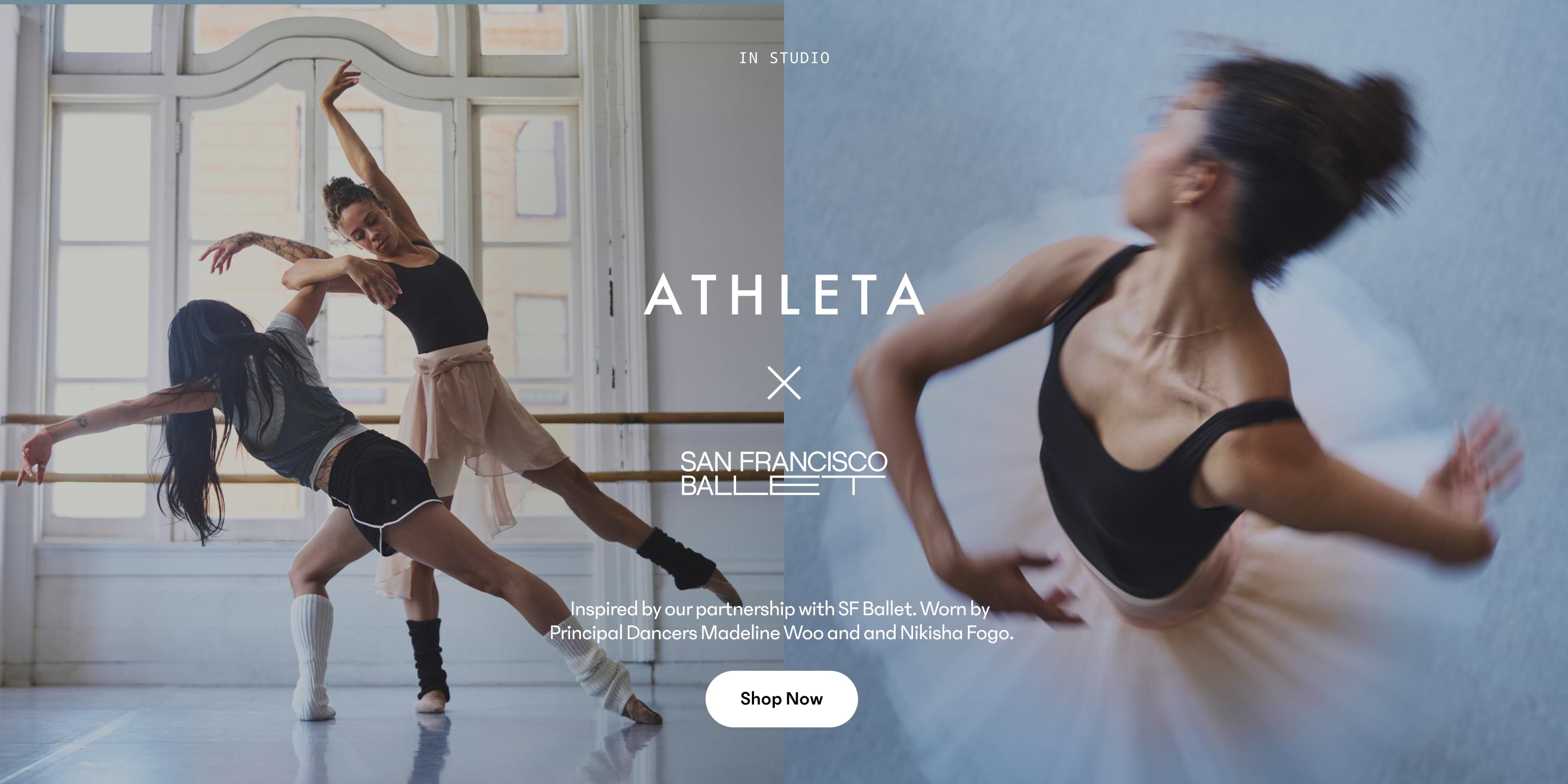 Two dancers in a sunlit studio with a blurred ballerina spinning; overlaid text reads “Athleta x San Francisco Ballet” and a Shop Now button.