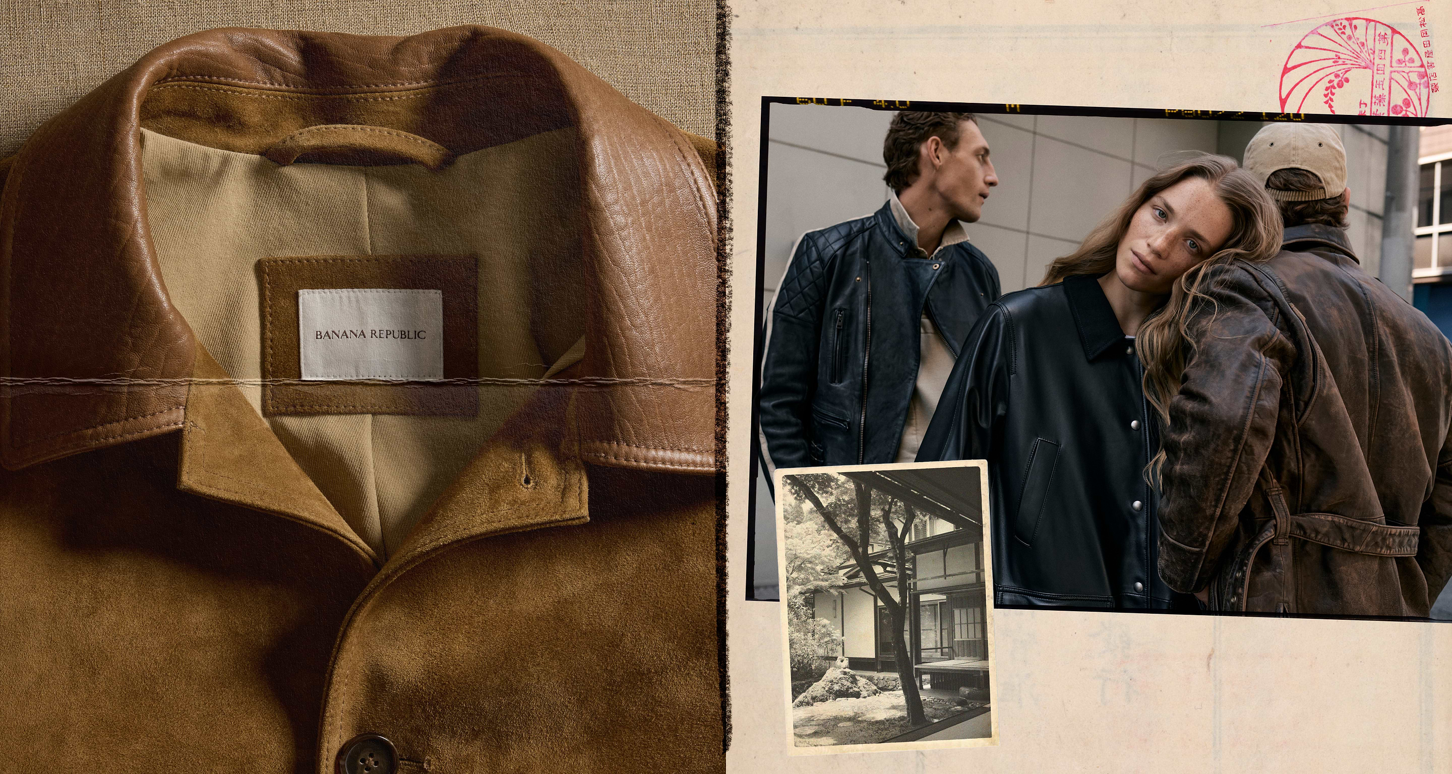 Collage with a close-up of a brown leather Banana Republic jacket; beside it, three people wearing leather jackets with a small black-and-white photo inset.