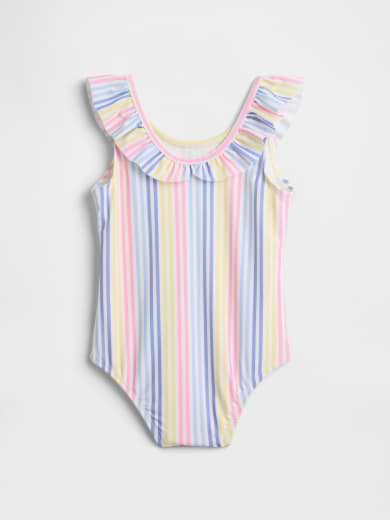 Children’s one-piece swimsuit with a ruffled neckline and vertical pastel stripes in blue, pink, yellow, and white.