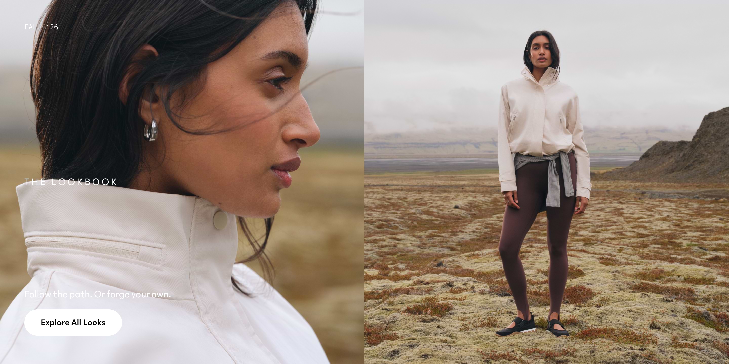 Split image: close-up of a person in a high‑collar cream jacket, and a full-body view of them standing on a mossy plain under cloudy skies, wearing leggings and black sneakers.