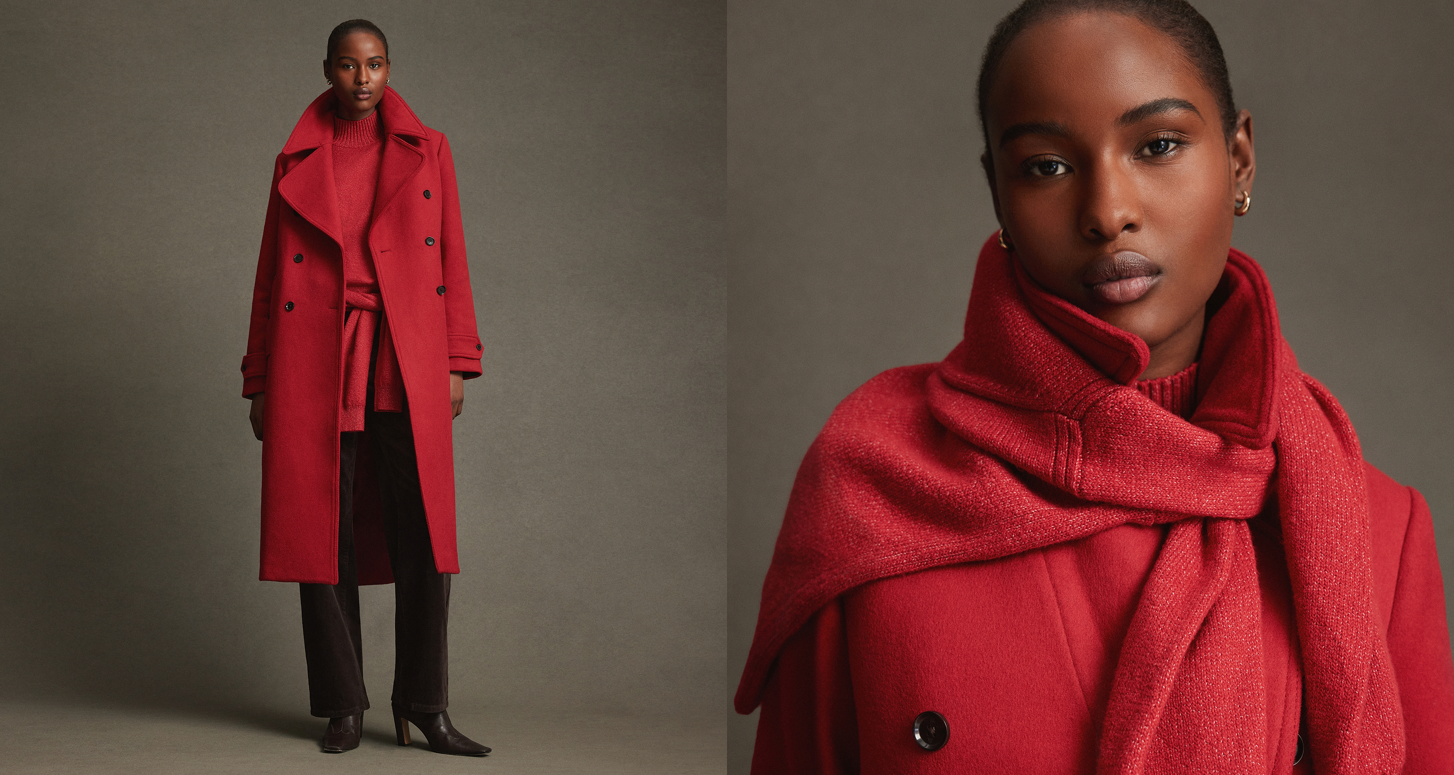 Person in a studio wearing a long red double-breasted coat with a matching knit scarf and sweater, dark trousers and heels; right panel shows a close-up of the scarf and coat.