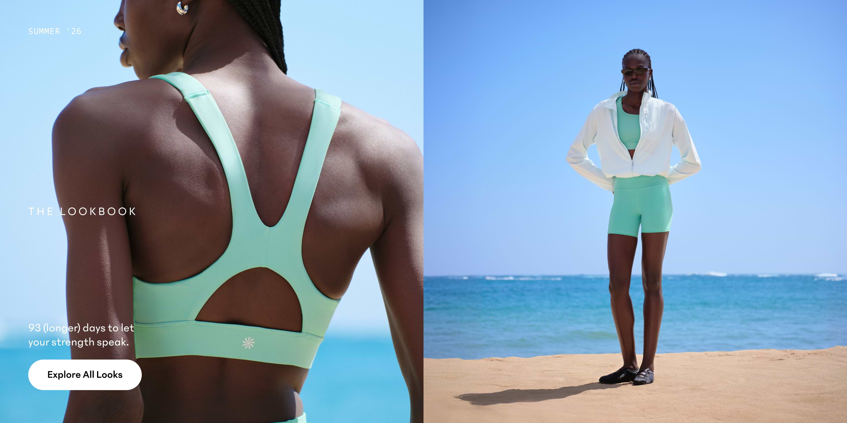 Person in mint-green activewear at the beach—left, close-up of the sports-bra back; right, full-body with white jacket by the sea.