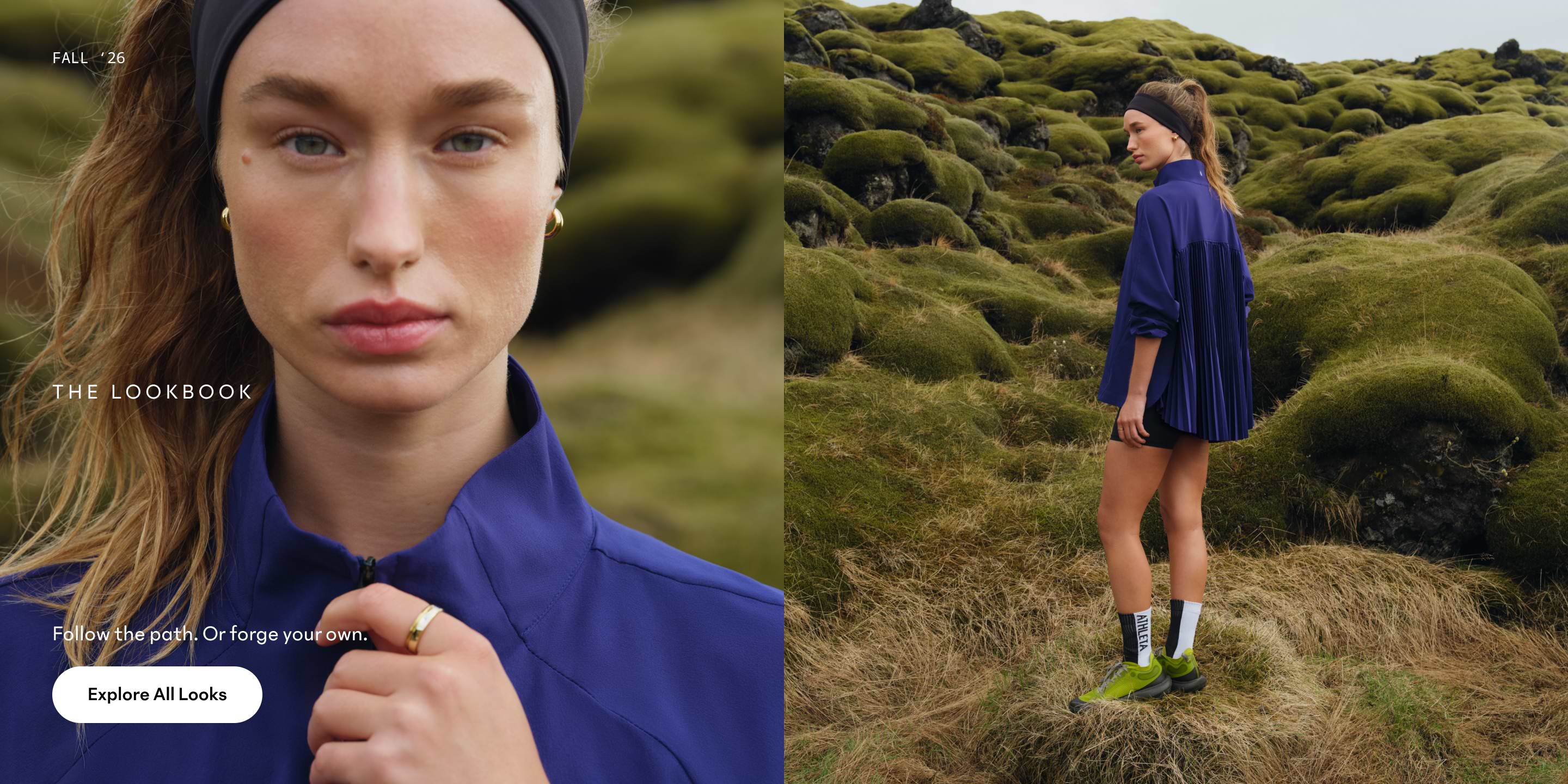 Woman wearing a blue pleated-back jacket and headband, shown close-up and standing on mossy green hills in an outdoor fall fashion lookbook.