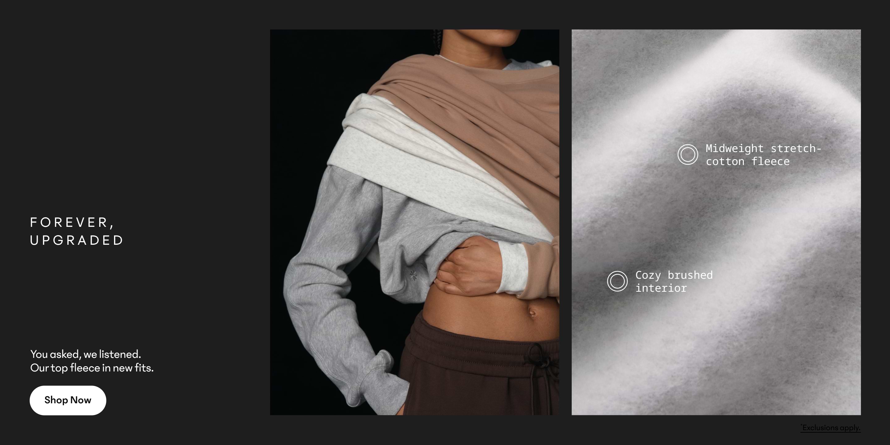 Promotional banner for upgraded fleece: model in gray sweatshirt, with close-up of soft midweight stretch‑cotton, brushed interior.